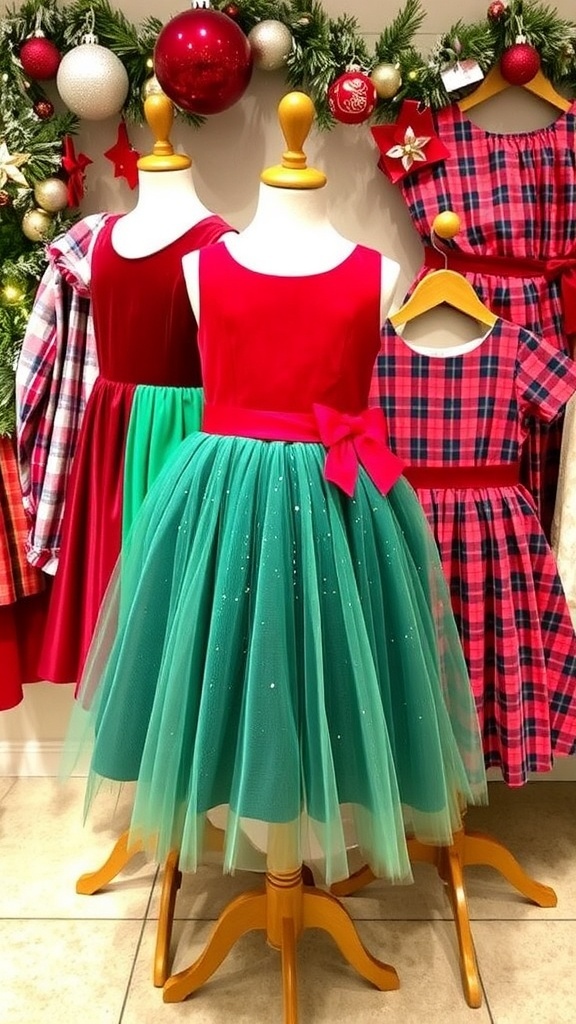 Festive Christmas dresses for girls aged 10-12 in red, green, and plaid styles displayed with holiday decorations.